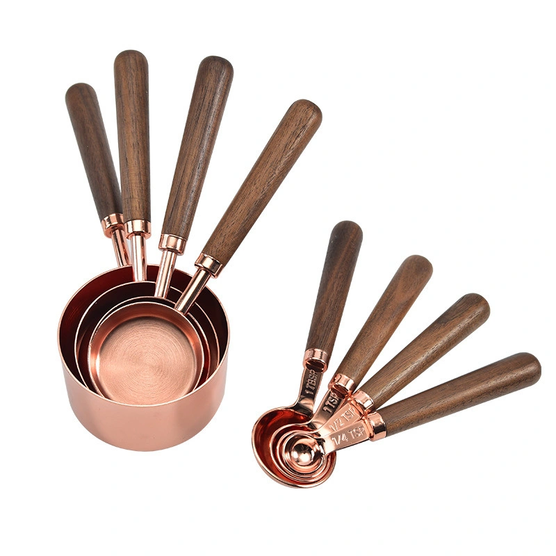 Stainless Steel Cup and Spoon with Wooden Handle Rose Gold Measuring Cups and Spoons Set Bl14413